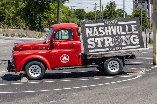 Nashville Strong 2020 Sign on Red Truck in Highland Heights, East Nashville, Tennessee