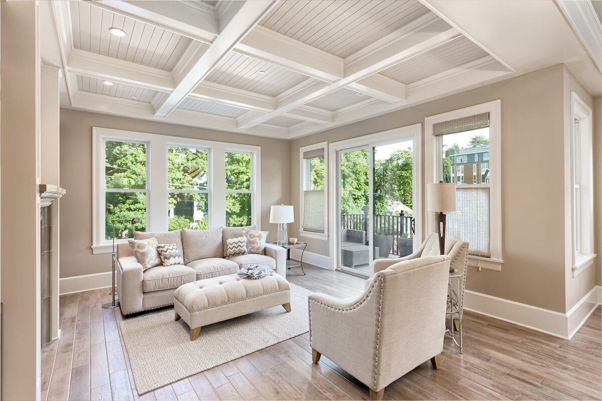 A Coffered Ceiling with Shiplap Inlay in a Living Room