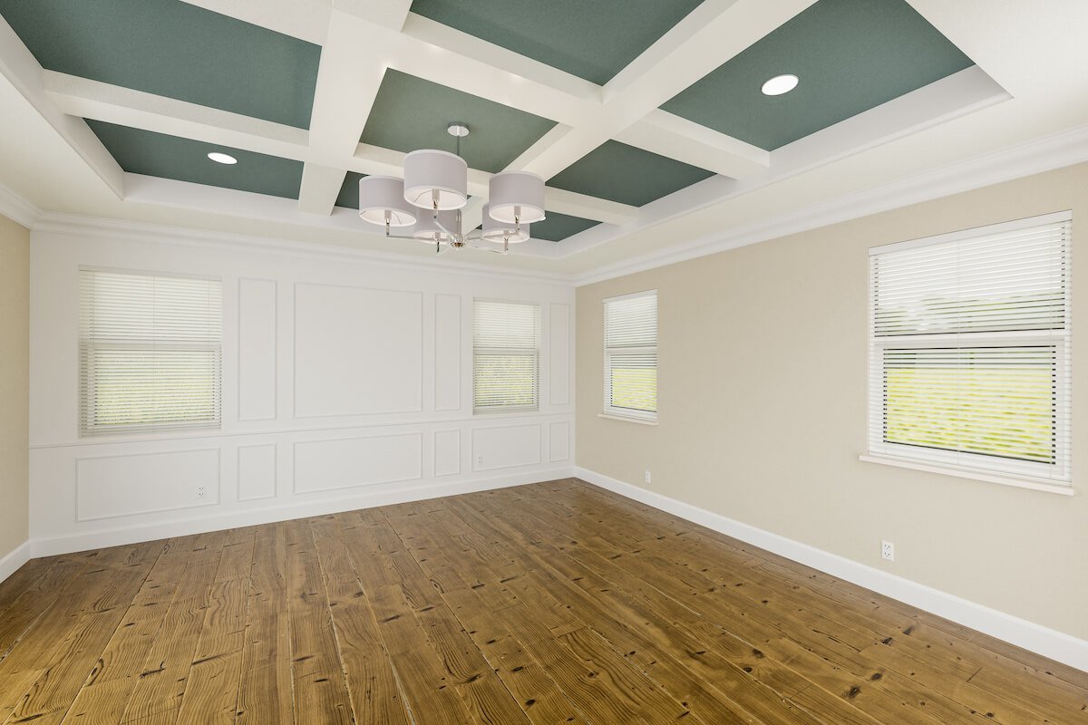 A Coffered Ceiling With Blue Color Inlay in a Living Room