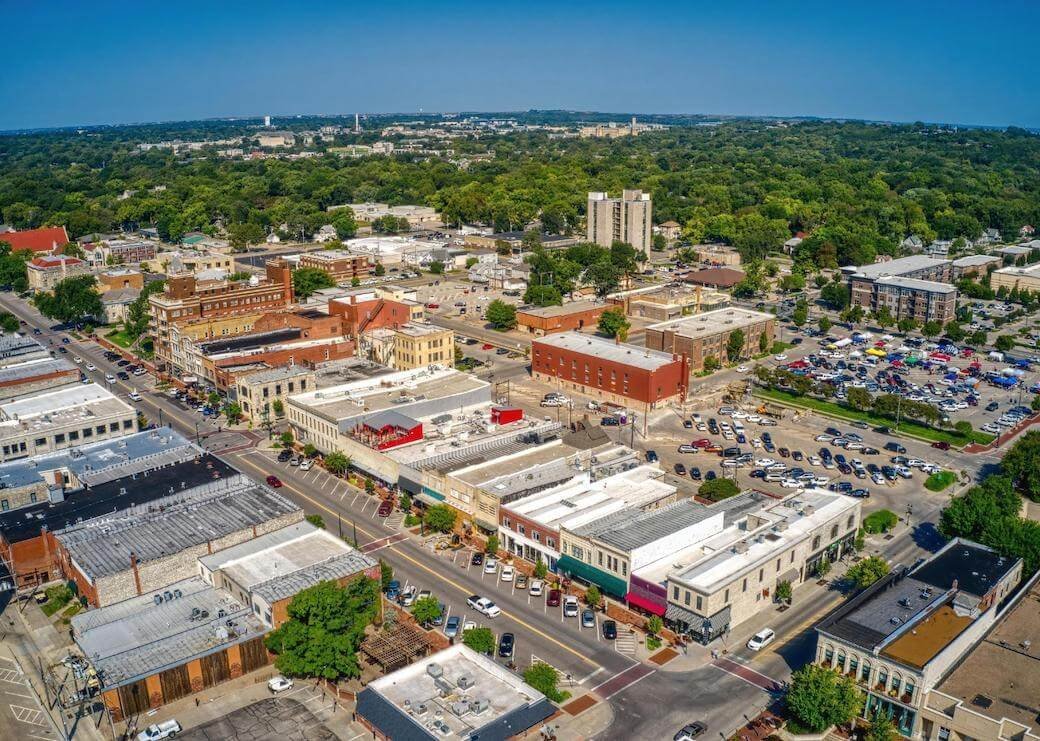 Aerial view of the town of Manhattan, Kansas in summer