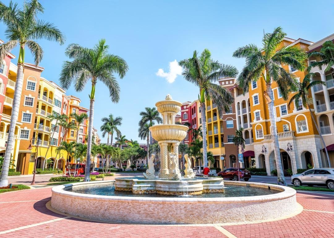 Fountain and bayfront condos in Naples, Florida.