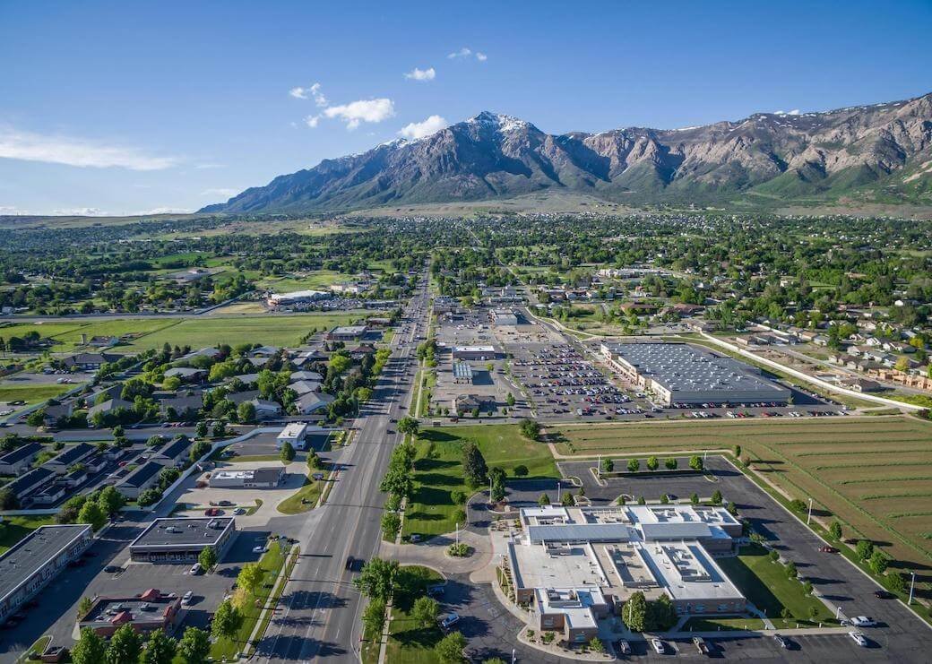 Aerial view of Washington Blvd and the commercial district of Ogden, Utah