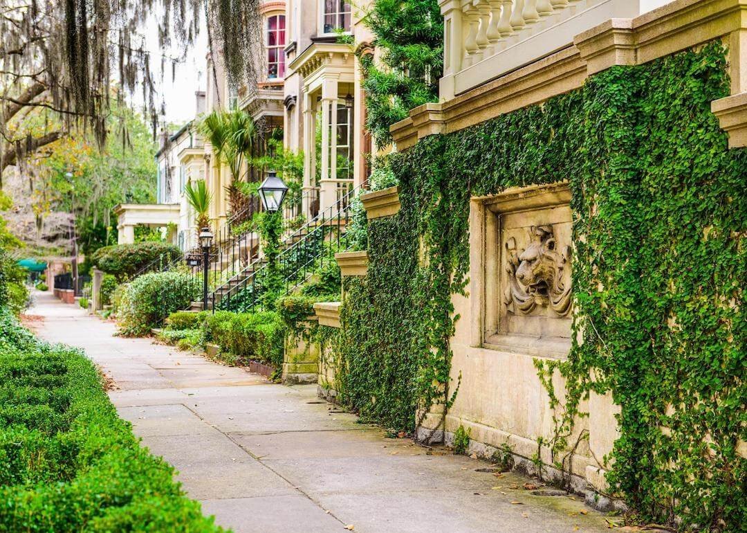 Historic downtown sidewalks and rowhouses of Savannah, Georgia.