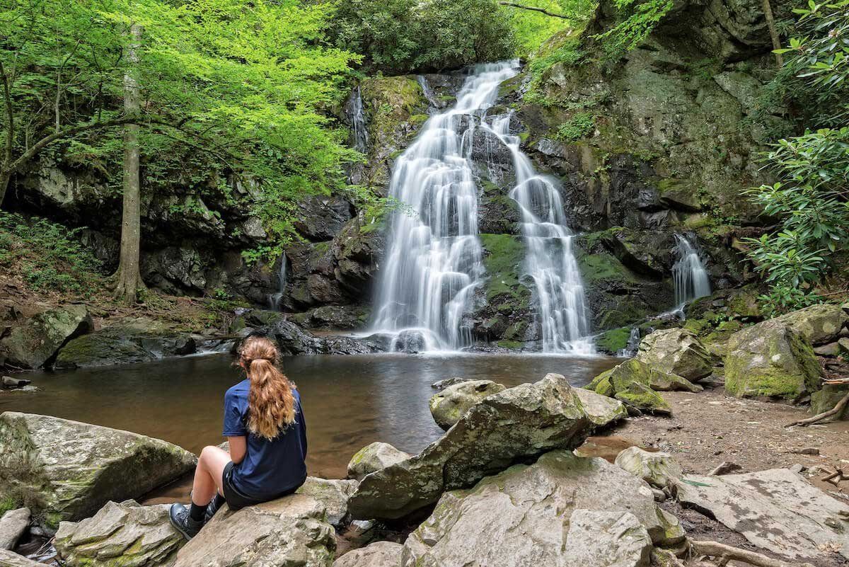 Girl at Spruce Flats Falls in Great Smoky Mountains National Park in Tennessee
